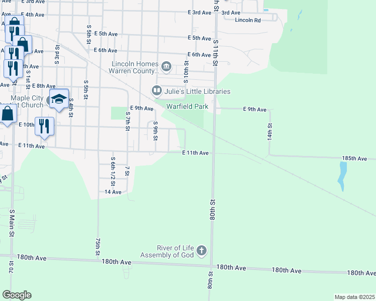 map of restaurants, bars, coffee shops, grocery stores, and more near 1100 East 11th Avenue in Monmouth