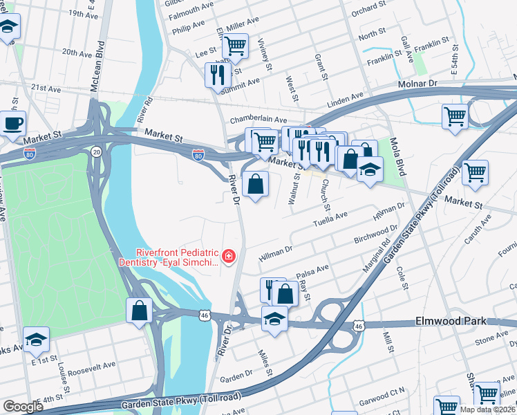 map of restaurants, bars, coffee shops, grocery stores, and more near 619 River Drive in Elmwood Park