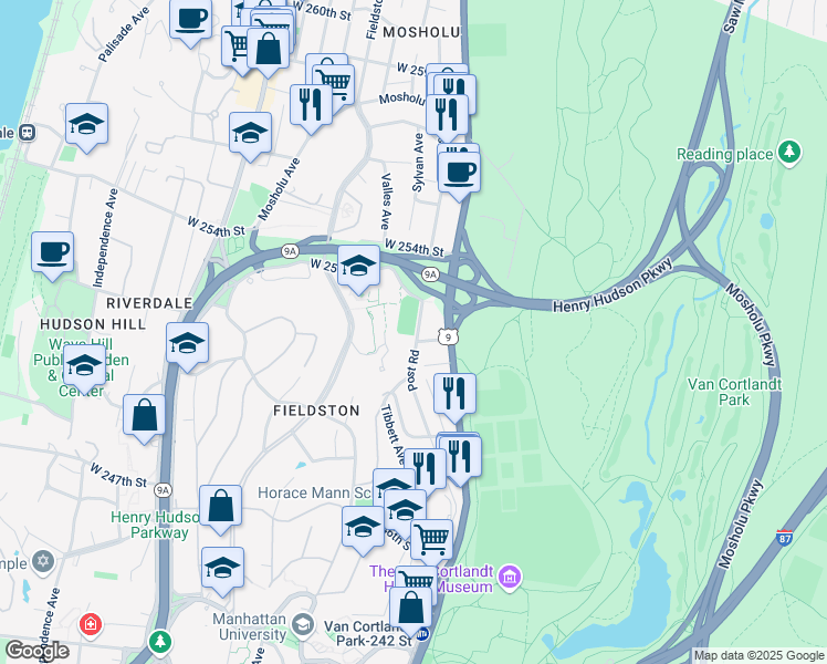map of restaurants, bars, coffee shops, grocery stores, and more near 5235 Post Road in The Bronx
