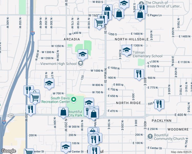 map of restaurants, bars, coffee shops, grocery stores, and more near 32 West 900 North in Bountiful