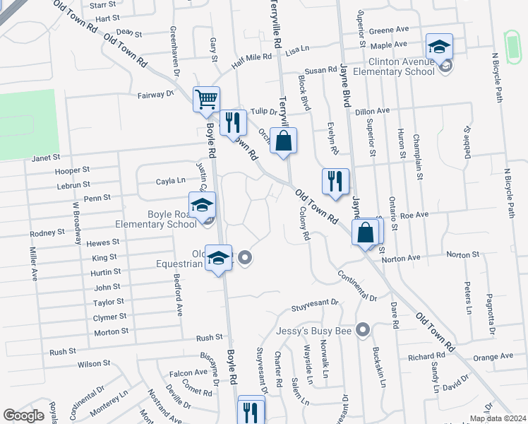map of restaurants, bars, coffee shops, grocery stores, and more near 1506 Nicole Drive in Port Jefferson Station