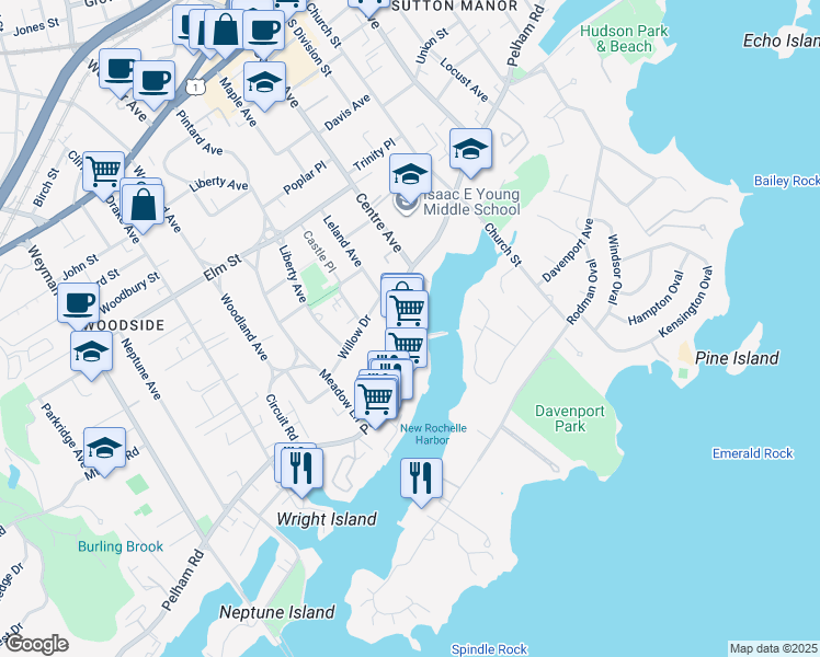 map of restaurants, bars, coffee shops, grocery stores, and more near 332 Pelham Road in New Rochelle