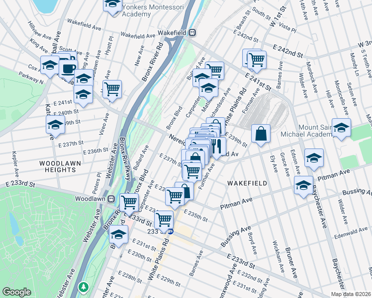 map of restaurants, bars, coffee shops, grocery stores, and more near 665 East 238th Street in Bronx