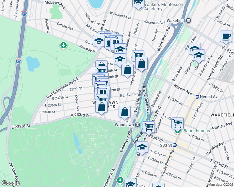 map of restaurants, bars, coffee shops, grocery stores, and more near 336 East 237th Street in The Bronx