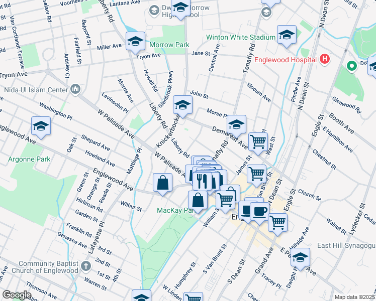 map of restaurants, bars, coffee shops, grocery stores, and more near 45 Central Avenue in Englewood