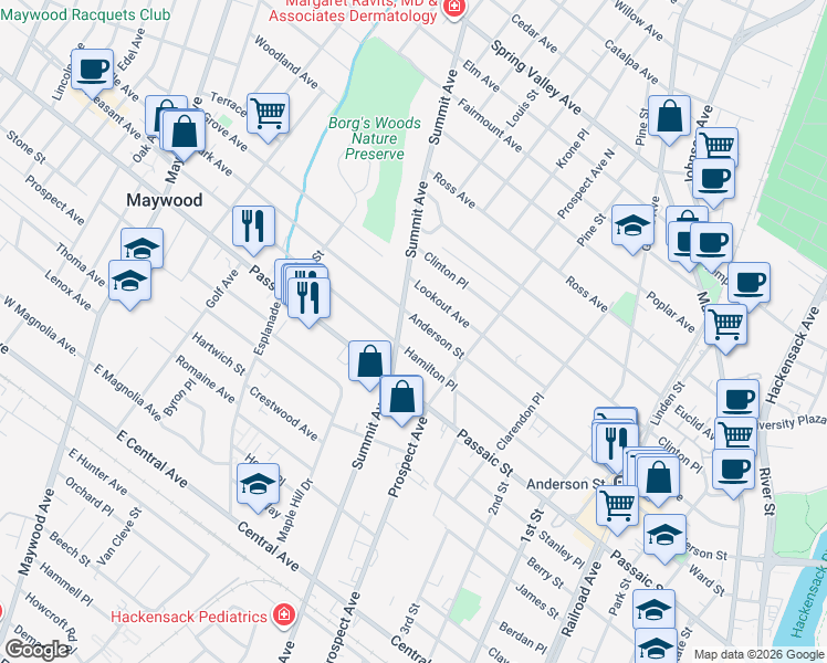 map of restaurants, bars, coffee shops, grocery stores, and more near 377 Anderson Street in Hackensack