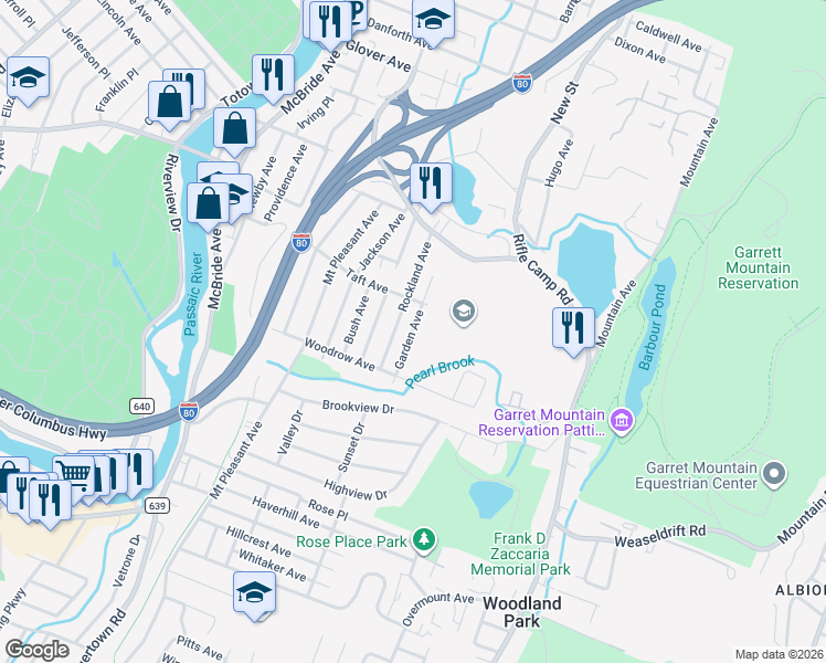map of restaurants, bars, coffee shops, grocery stores, and more near 47 Garden Avenue in Woodland Park