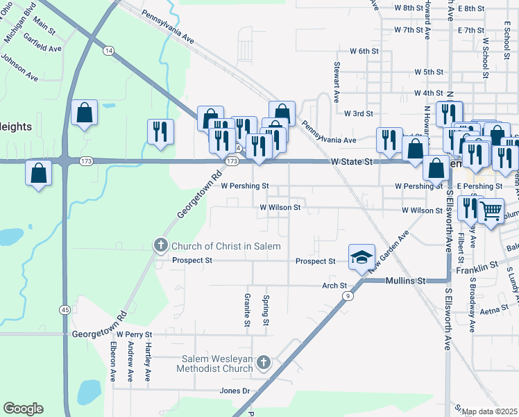map of restaurants, bars, coffee shops, grocery stores, and more near 796 West Wilson Street in Salem