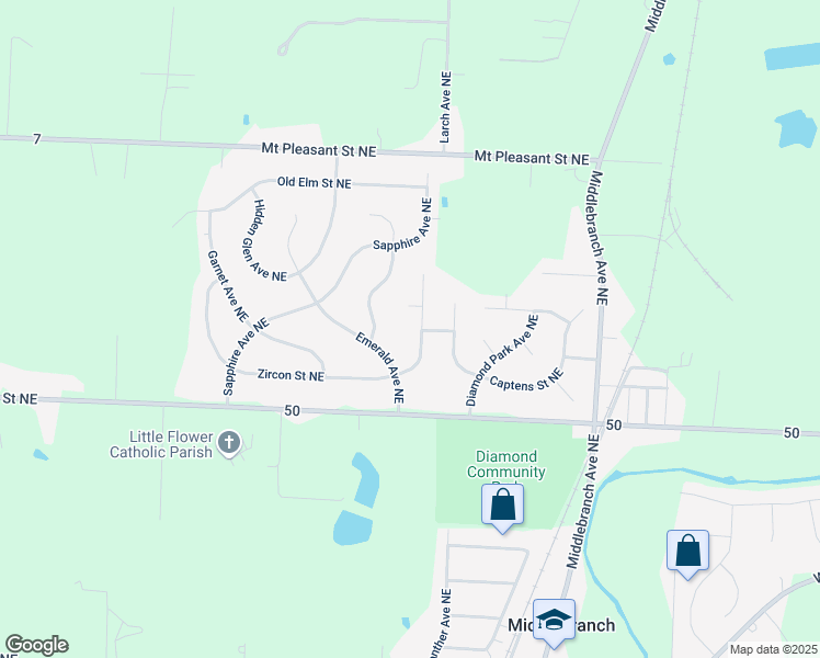 map of restaurants, bars, coffee shops, grocery stores, and more near 2494 Zircon Street Northeast in Canton
