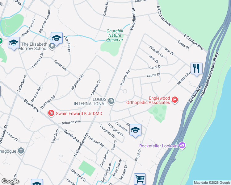 map of restaurants, bars, coffee shops, grocery stores, and more near 52 Roberts Road in Englewood Cliffs