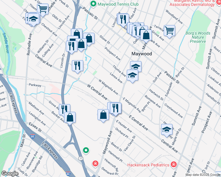map of restaurants, bars, coffee shops, grocery stores, and more near 65 Maywood Avenue in Maywood