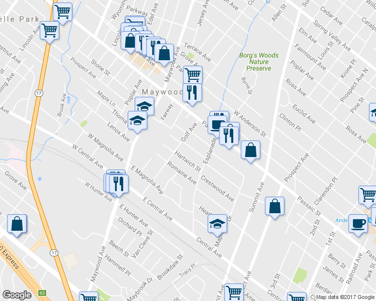 map of restaurants, bars, coffee shops, grocery stores, and more near 126 Ackerman Street in Maywood