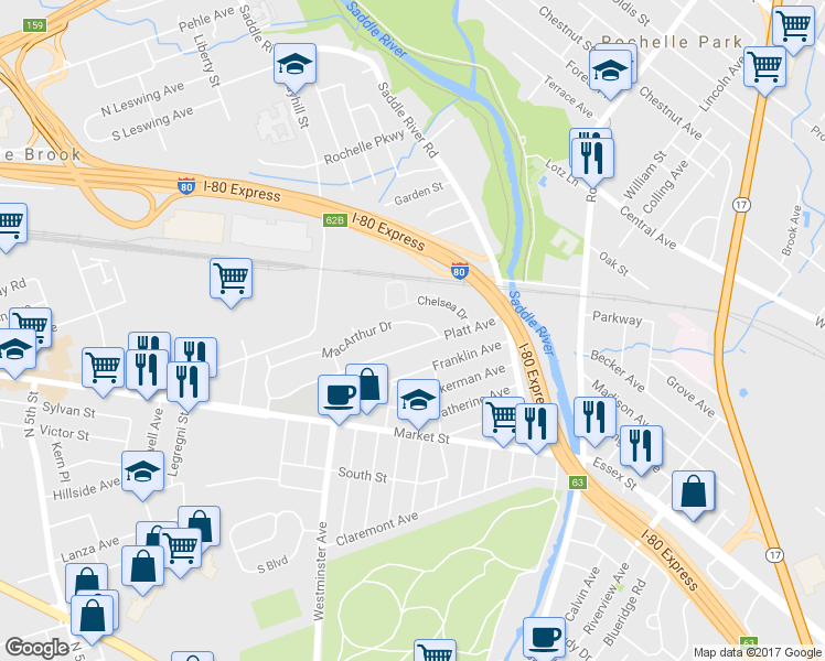 map of restaurants, bars, coffee shops, grocery stores, and more near 28 Macarthur Drive in Saddle Brook