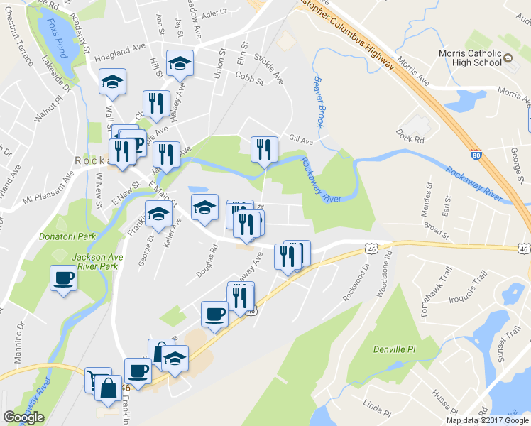 map of restaurants, bars, coffee shops, grocery stores, and more near 45 Beach Street in Rockaway