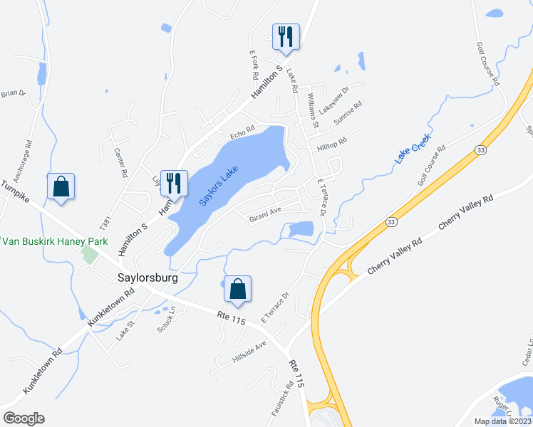 map of restaurants, bars, coffee shops, grocery stores, and more near 142 Girard Avenue in Saylorsburg