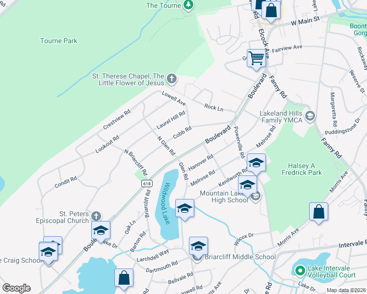 map of restaurants, bars, coffee shops, grocery stores, and more near 111 Boulevard in Mountain Lakes