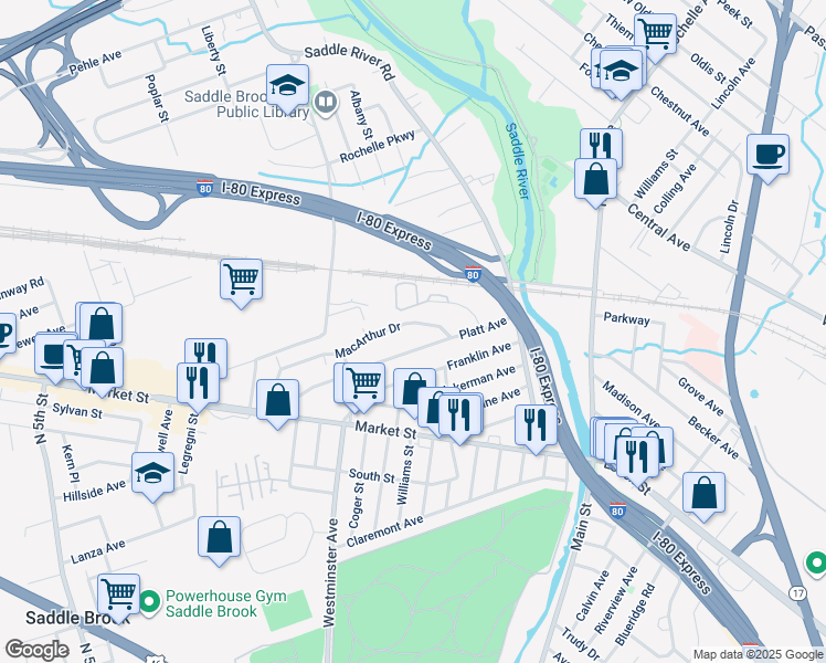 map of restaurants, bars, coffee shops, grocery stores, and more near 28 Macarthur Drive in Saddle Brook