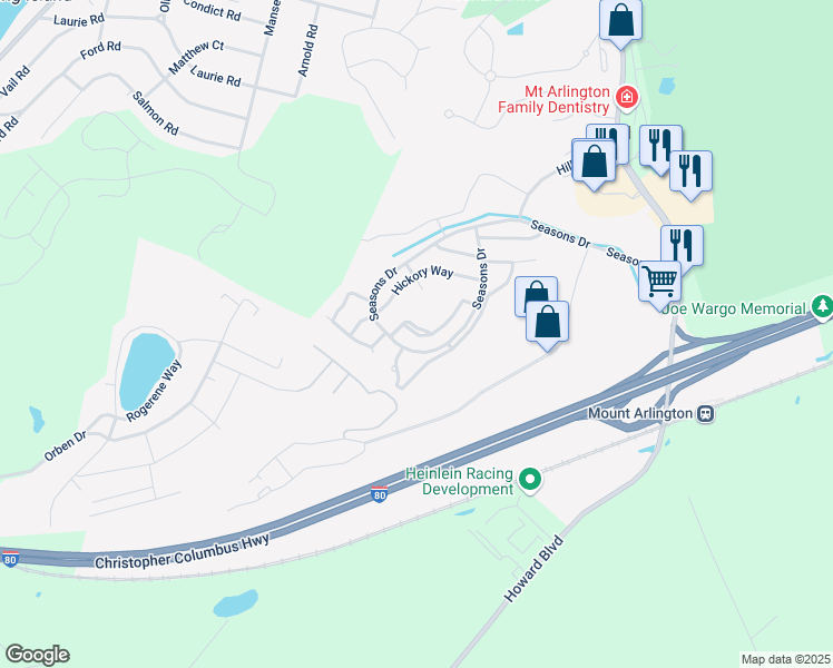 map of restaurants, bars, coffee shops, grocery stores, and more near 57 Maple Lane in Mount Arlington