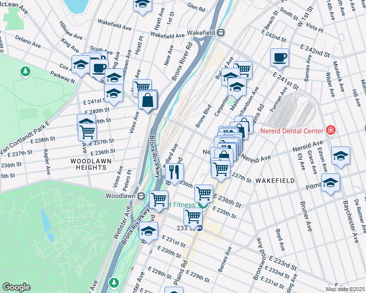 map of restaurants, bars, coffee shops, grocery stores, and more near 4367 Bronx Boulevard in The Bronx