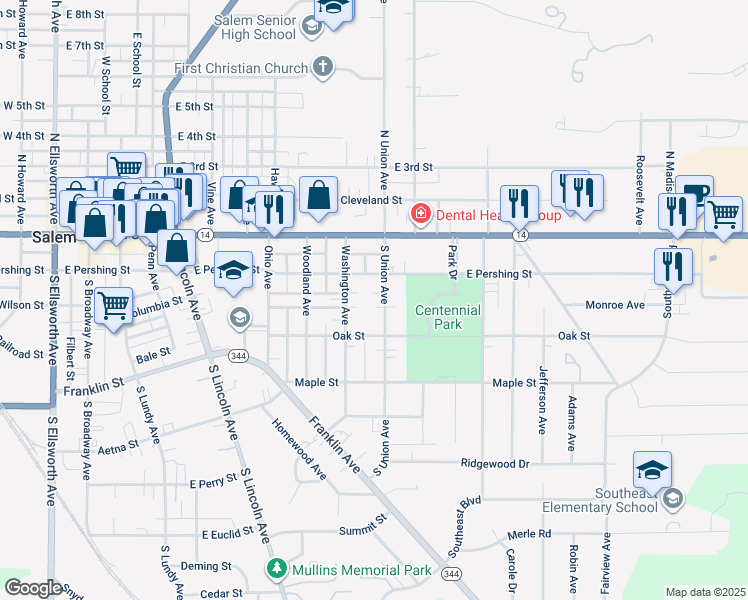map of restaurants, bars, coffee shops, grocery stores, and more near 318 1/2 South Union Avenue in Salem