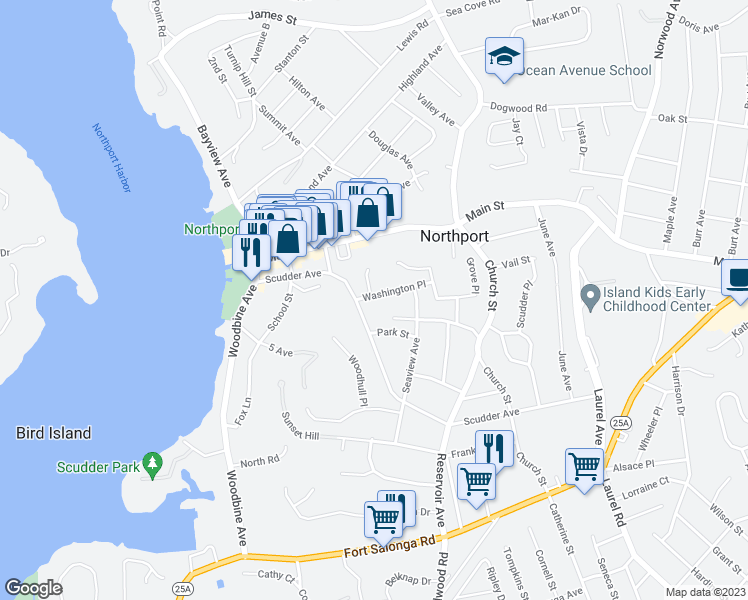 map of restaurants, bars, coffee shops, grocery stores, and more near 18 Washington Place in Northport