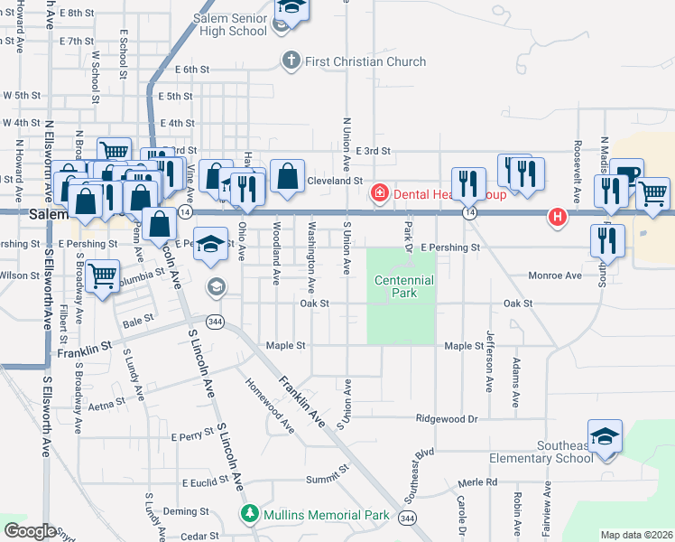 map of restaurants, bars, coffee shops, grocery stores, and more near 318 1/2 South Union Avenue in Salem