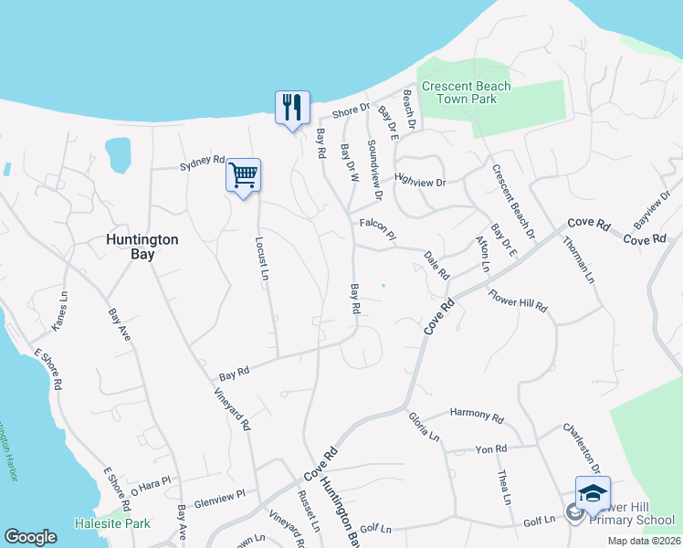 map of restaurants, bars, coffee shops, grocery stores, and more near 264 Huntington Bay Road in Huntington