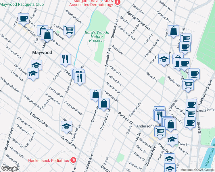 map of restaurants, bars, coffee shops, grocery stores, and more near 377 Anderson Street in Hackensack