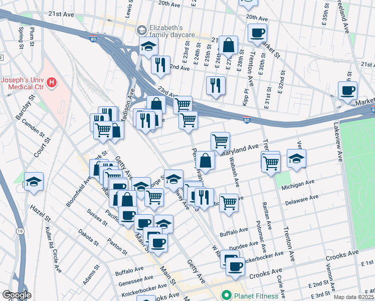 map of restaurants, bars, coffee shops, grocery stores, and more near 50 Alabama Avenue in Paterson