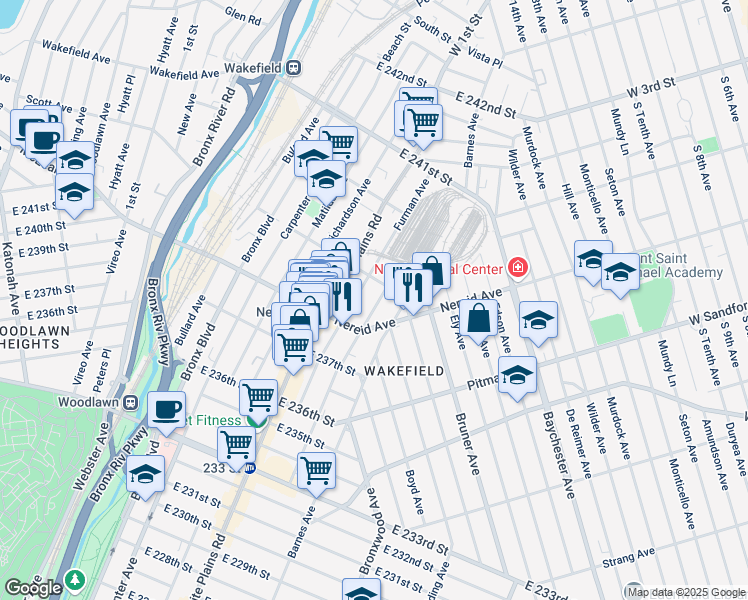map of restaurants, bars, coffee shops, grocery stores, and more near 4438 Furman Avenue in Bronx