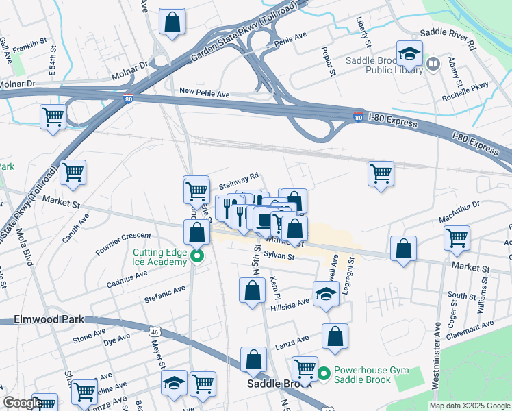map of restaurants, bars, coffee shops, grocery stores, and more near 467 Dewey Avenue in Saddle Brook