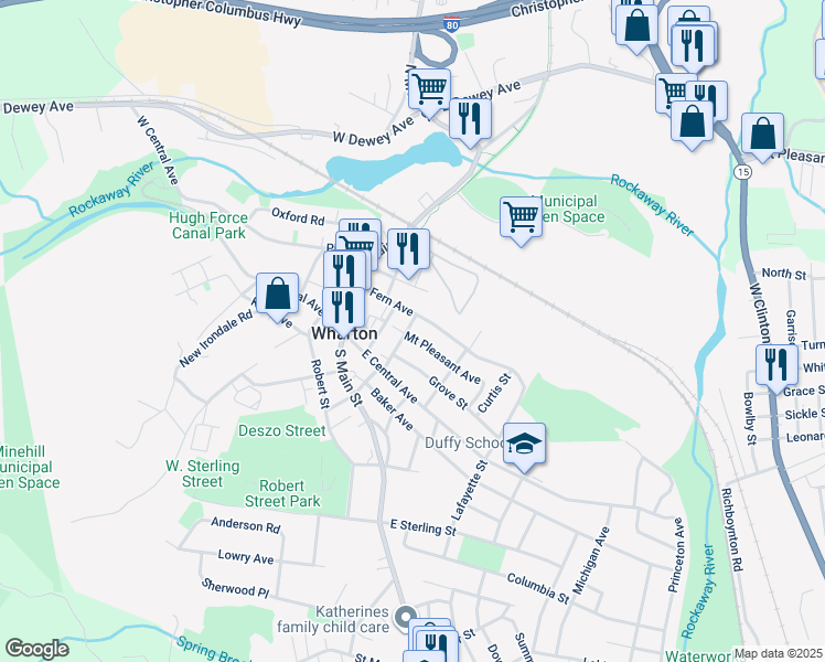 map of restaurants, bars, coffee shops, grocery stores, and more near 3 Mount Pleasant Avenue in Wharton