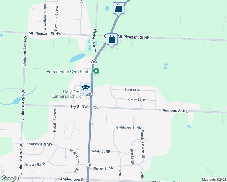 map of restaurants, bars, coffee shops, grocery stores, and more near 1160 Echo Street Northeast in Canton