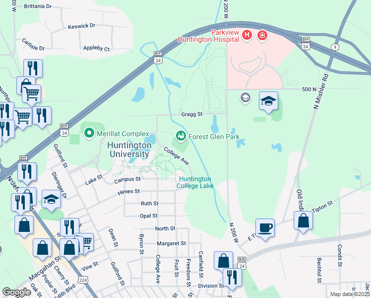 map of restaurants, bars, coffee shops, grocery stores, and more near 2303 College Avenue in Huntington