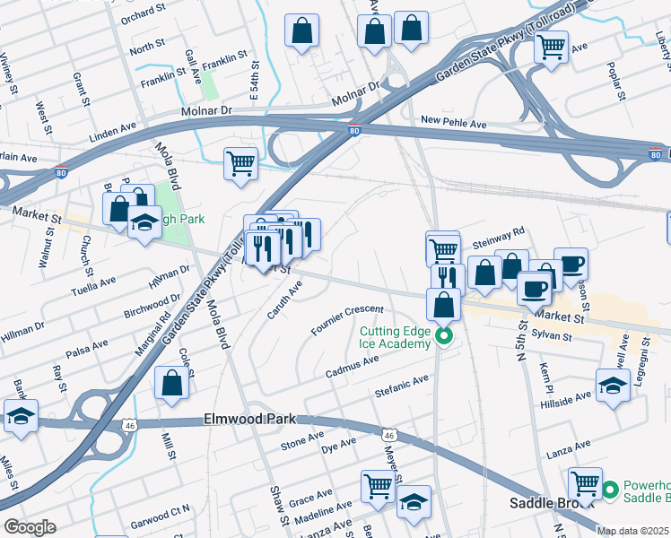 map of restaurants, bars, coffee shops, grocery stores, and more near 497 Market Street in Elmwood Park