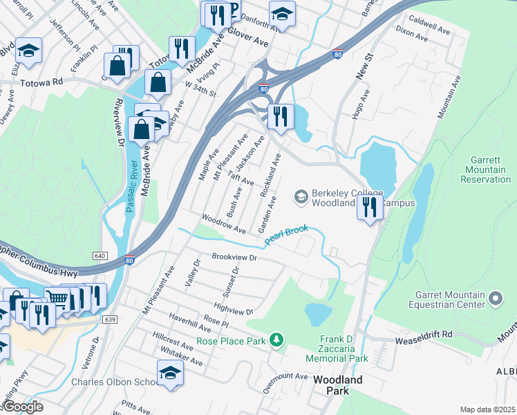 map of restaurants, bars, coffee shops, grocery stores, and more near 38 Rockland Avenue in Woodland Park