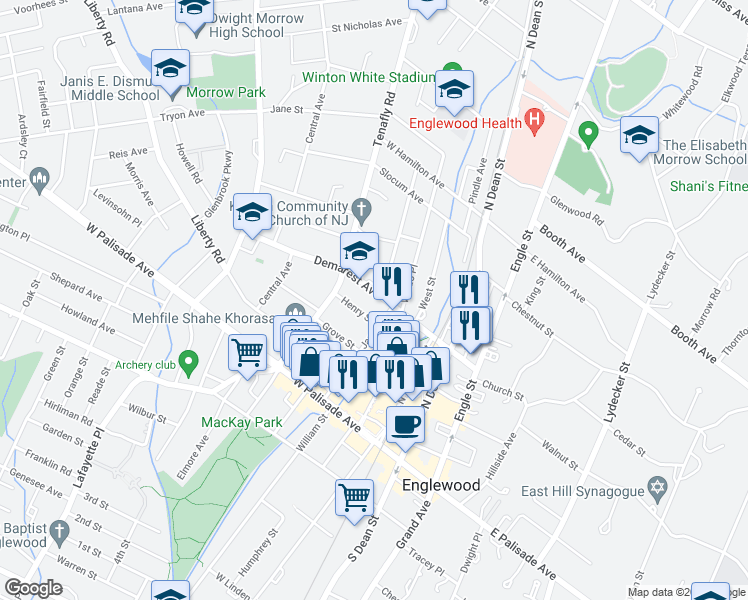 map of restaurants, bars, coffee shops, grocery stores, and more near 68 W Demarest Ave in Englewood