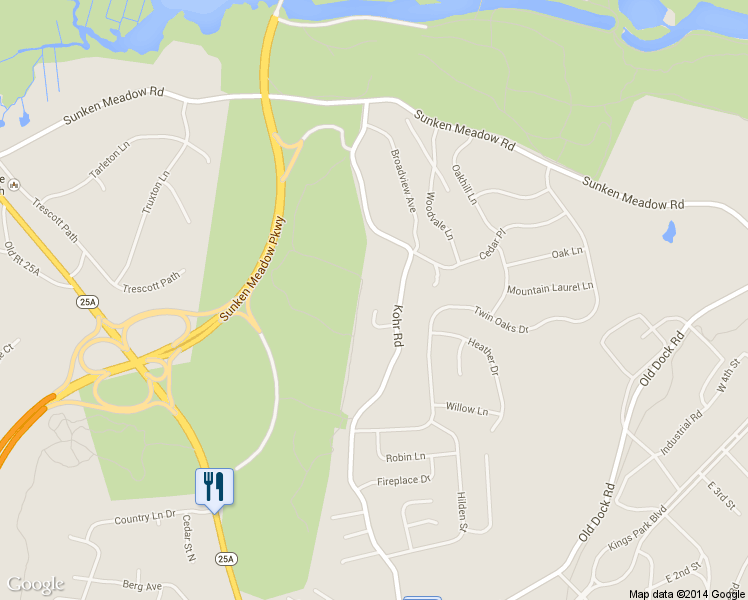 map of restaurants, bars, coffee shops, grocery stores, and more near 7 Leaf Court in Kings Park
