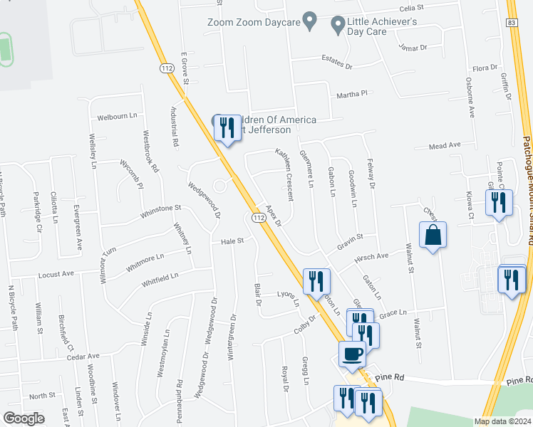 map of restaurants, bars, coffee shops, grocery stores, and more near 20 Apex Drive in Coram