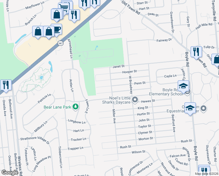 map of restaurants, bars, coffee shops, grocery stores, and more near 64 Penn Street in Port Jefferson Station