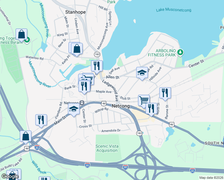 map of restaurants, bars, coffee shops, grocery stores, and more near 49 Maple Avenue in Netcong