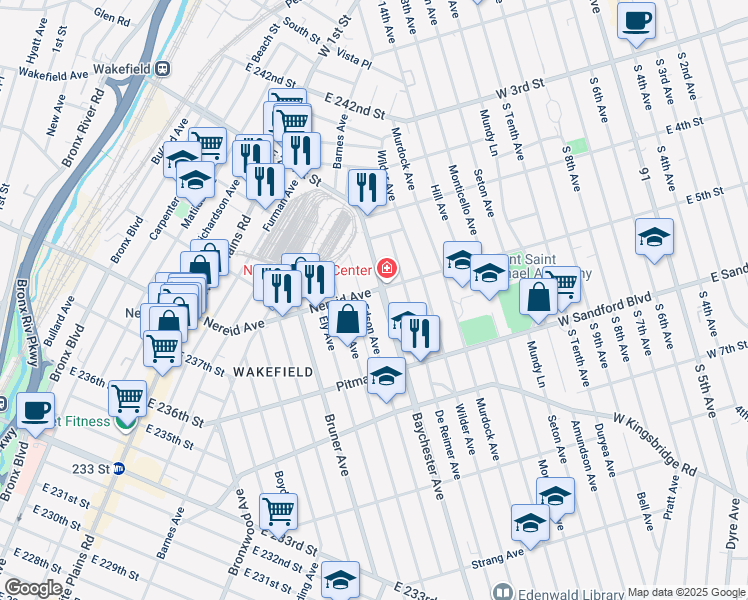 map of restaurants, bars, coffee shops, grocery stores, and more near 1960 Nereid Avenue in Bronx