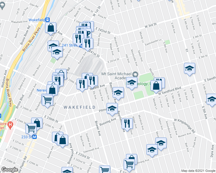 map of restaurants, bars, coffee shops, grocery stores, and more near 1960 Nereid Avenue in Bronx