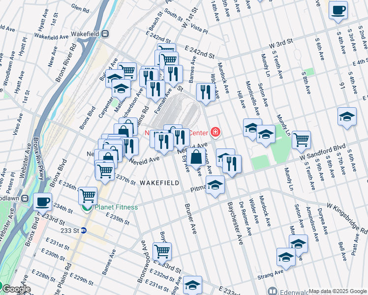 map of restaurants, bars, coffee shops, grocery stores, and more near in The Bronx