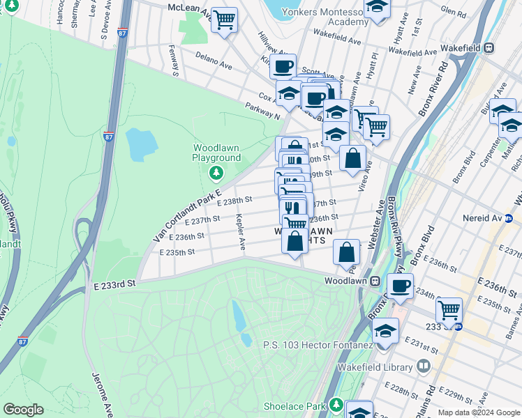 map of restaurants, bars, coffee shops, grocery stores, and more near in The Bronx