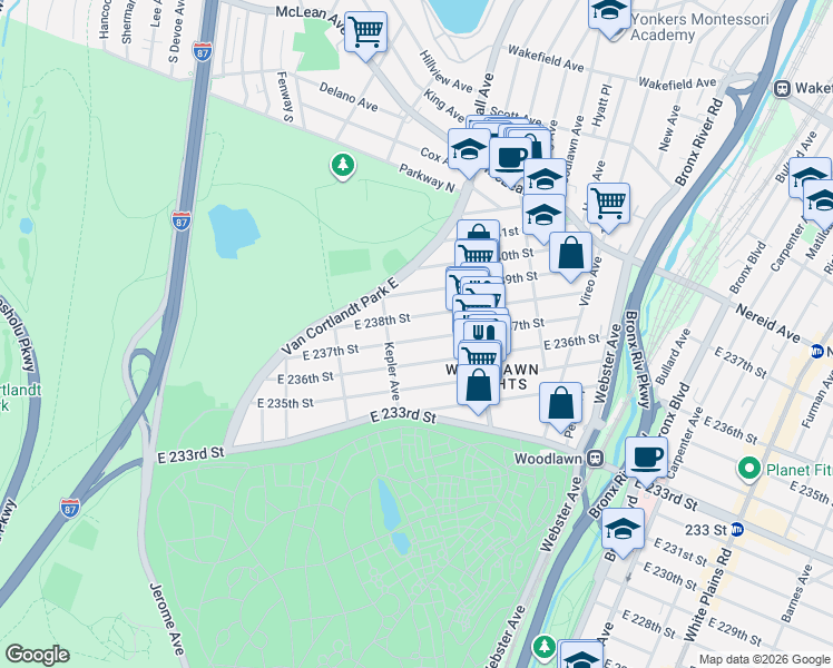 map of restaurants, bars, coffee shops, grocery stores, and more near 210 East 238th Street in The Bronx