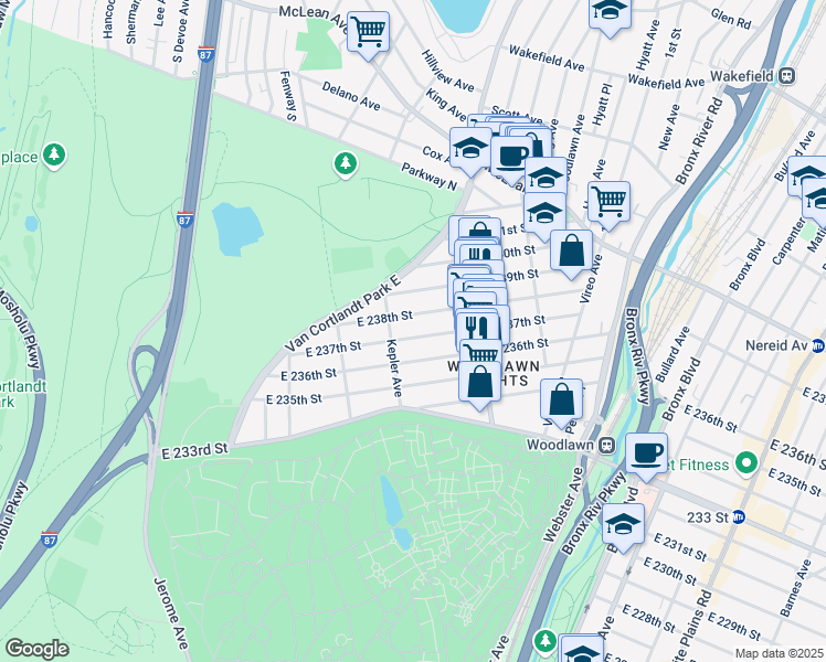 map of restaurants, bars, coffee shops, grocery stores, and more near 210 East 238th Street in The Bronx