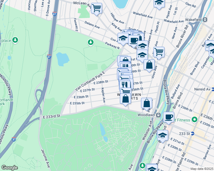 map of restaurants, bars, coffee shops, grocery stores, and more near 210 East 238th Street in The Bronx