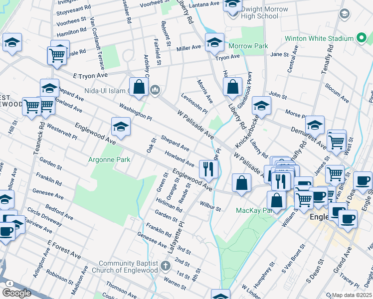 map of restaurants, bars, coffee shops, grocery stores, and more near 300 Shepard Avenue in Englewood