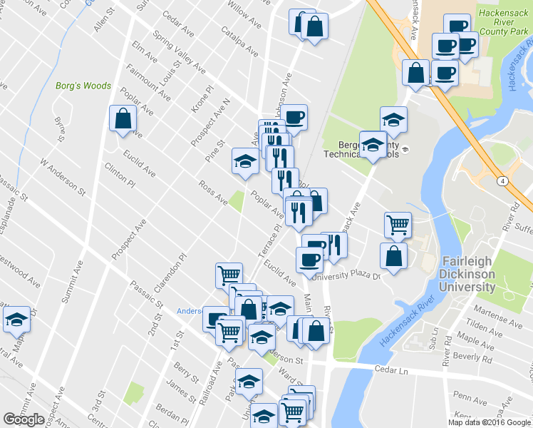 map of restaurants, bars, coffee shops, grocery stores, and more near 40 Poplar Avenue in Hackensack